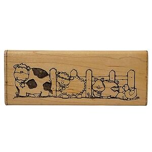 VTG 80s DOTS Barnyard Gang Rubber Stamp P105 1.75"x4.5" Cow Sheep Pig Wood Mount